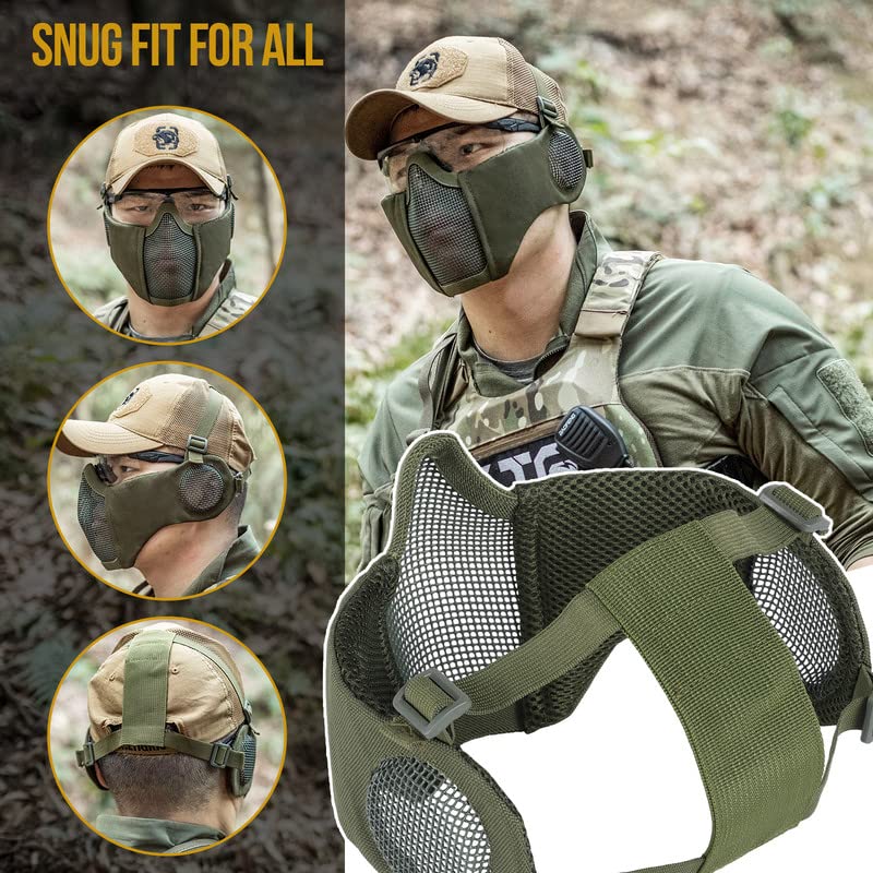 OneTigris 6" Foldable Half Face Airsoft Mesh Mask with Ear Protection, Military Tactical Lower Face Protective Mask (Olive) - Image 5
